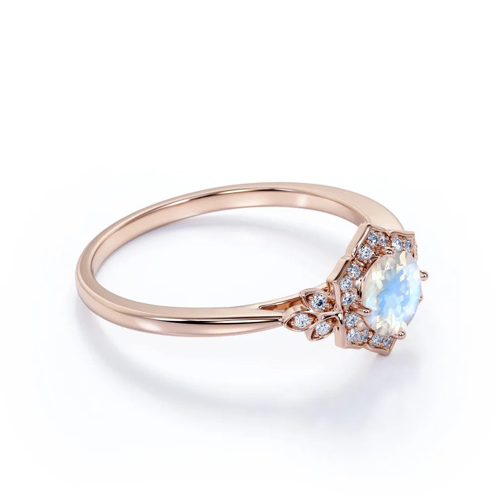 18k Rose Gold over Silver Blue Moonstone and Moissanite Engagement Ring I506586