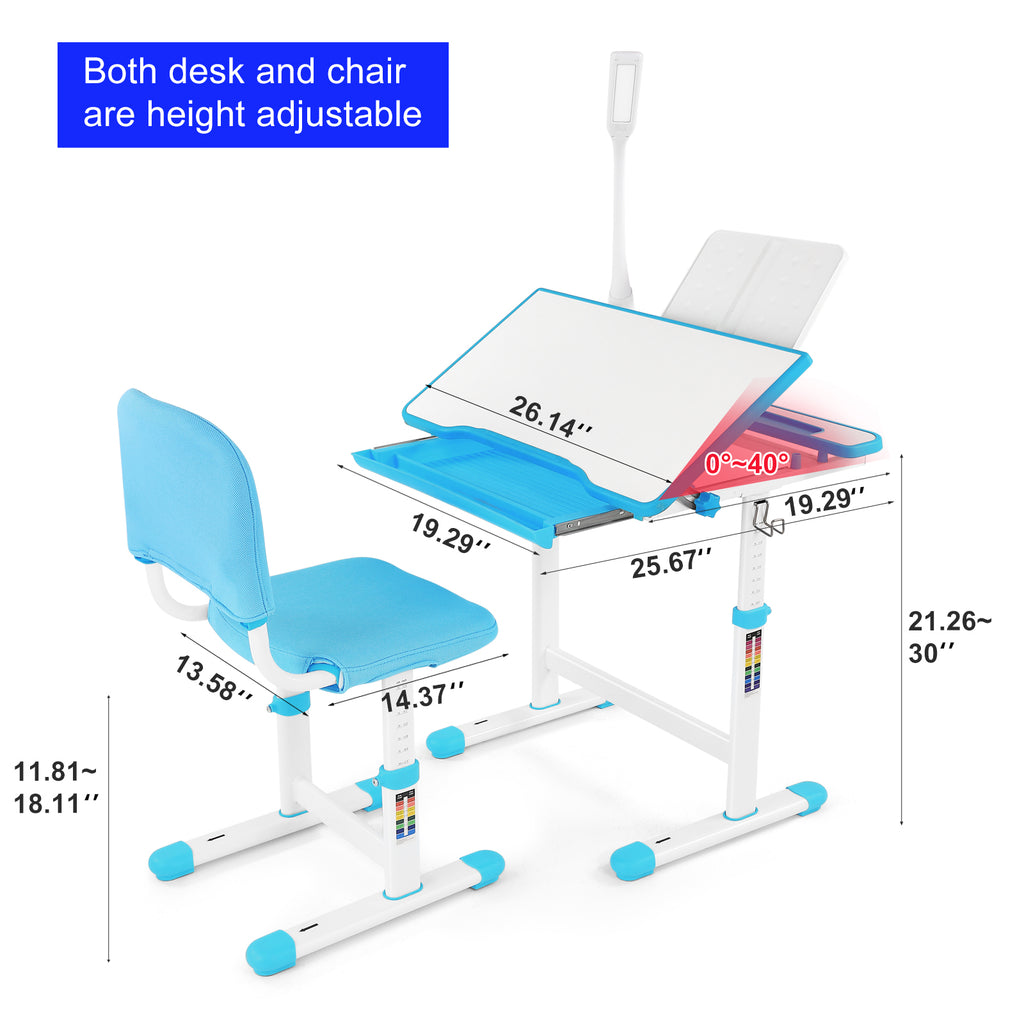Blue Height Adjustable Kids Study Desk & Chair Set with LED Lamp, Drawer, Bookstand, Chair Cover K52806