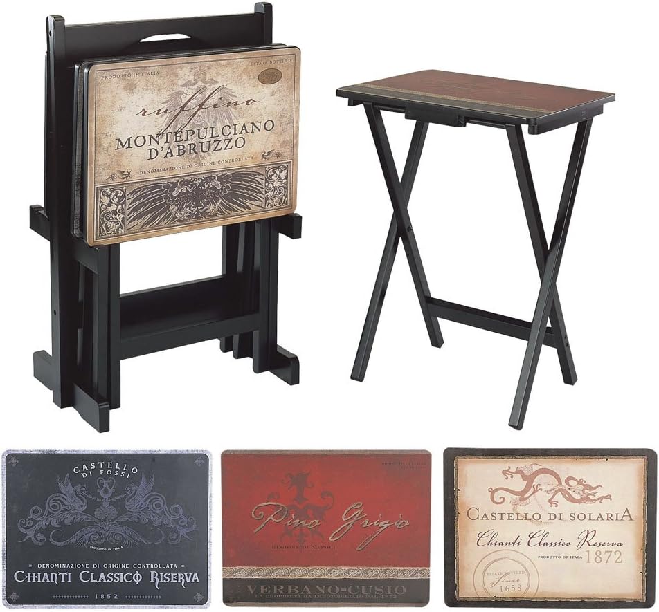 Wine Label TV Dinner Folding Trays with Storage Rack Set of 4 Z659