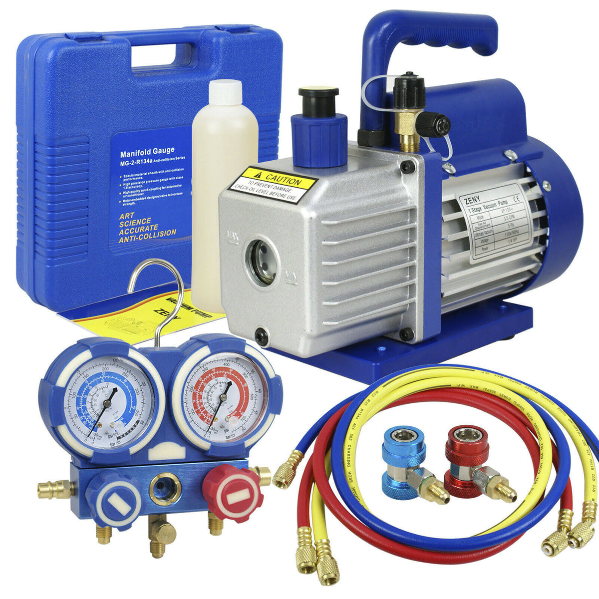 3.5CFM 1/4HP Air Vacuum Pump HVAC Refrigeration AC Manifold Gauge Set Z34784