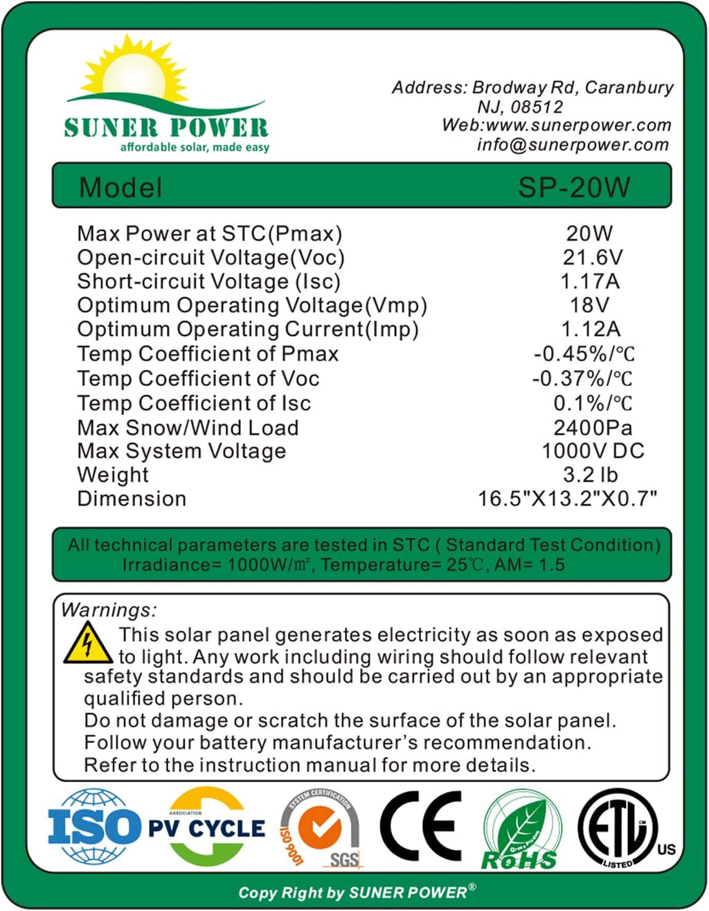 20 Watts Poly Crystalline 12V Solar Panel Kit with 10A Charge Controller and 3-PCS SAE Cable Adapters B60099