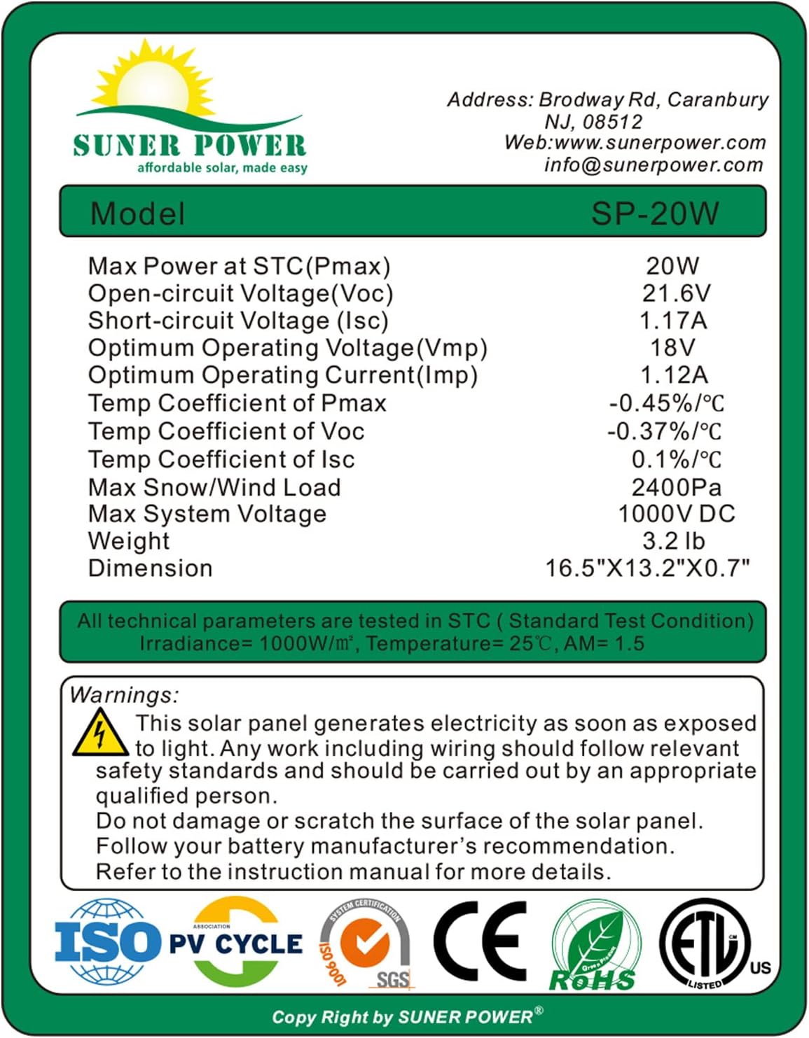 20 Watts Poly Crystalline 12V Solar Panel Kit with 10A Charge Controller and 3-PCS SAE Cable Adapters B60099