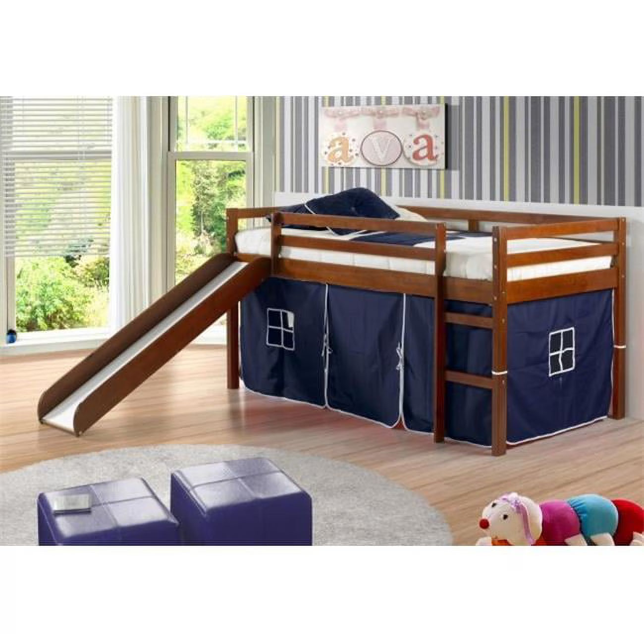 Twin Size Tent Loft with Slide & Slat-Kits Mattress Ready Light Espresso Blue L739718
