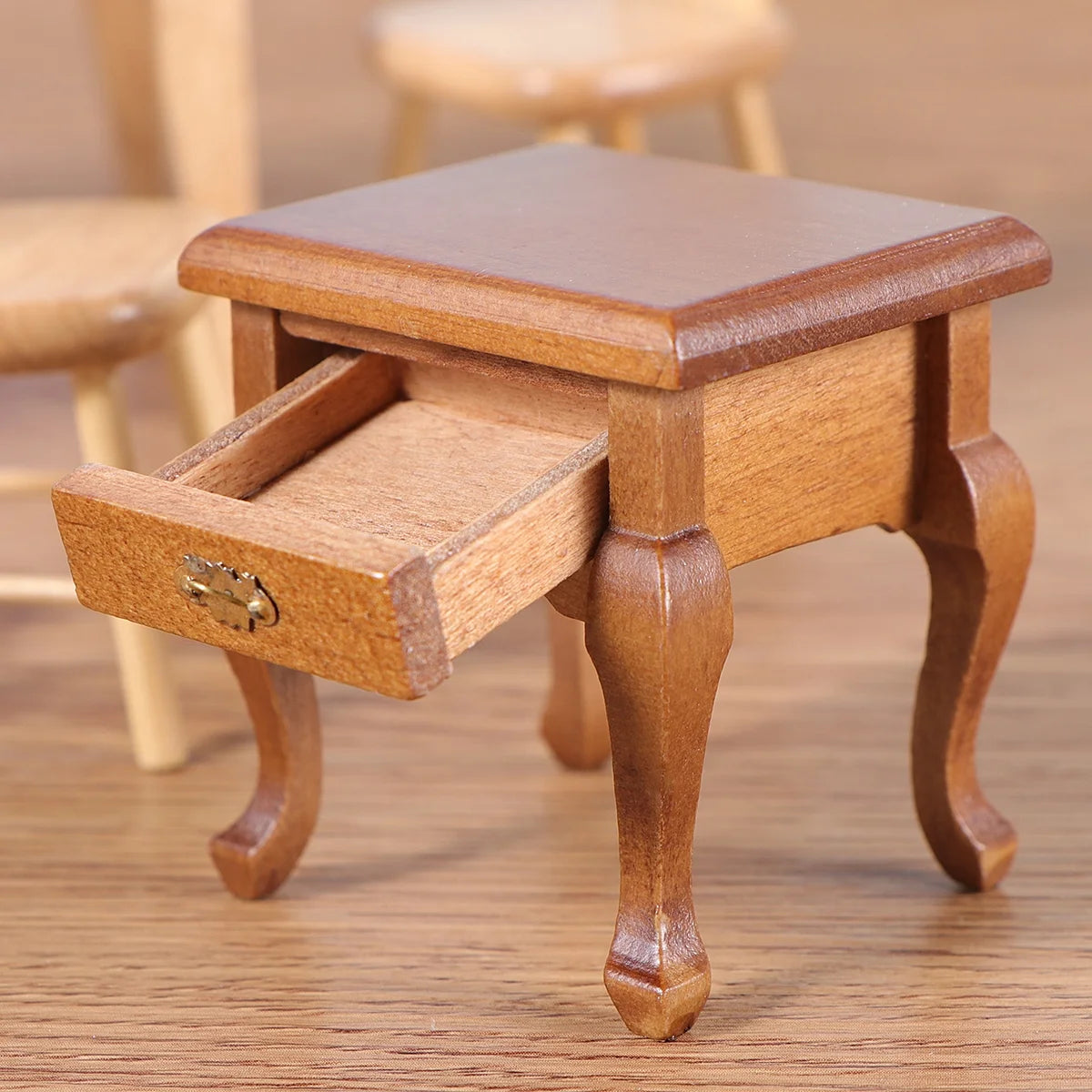 1:12 Walnut Color Wooden Bedside Table Miniature Furniture J4910