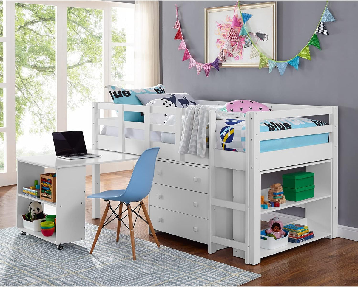 Twin Espresso Low Loft Bunk Bed with Ladder and Storage Desk Shelf Bookcase S2873