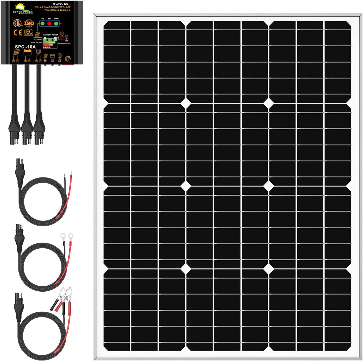 20 Watts Poly Crystalline 12V Solar Panel Kit with 10A Charge Controller and 3-PCS SAE Cable Adapters B60099