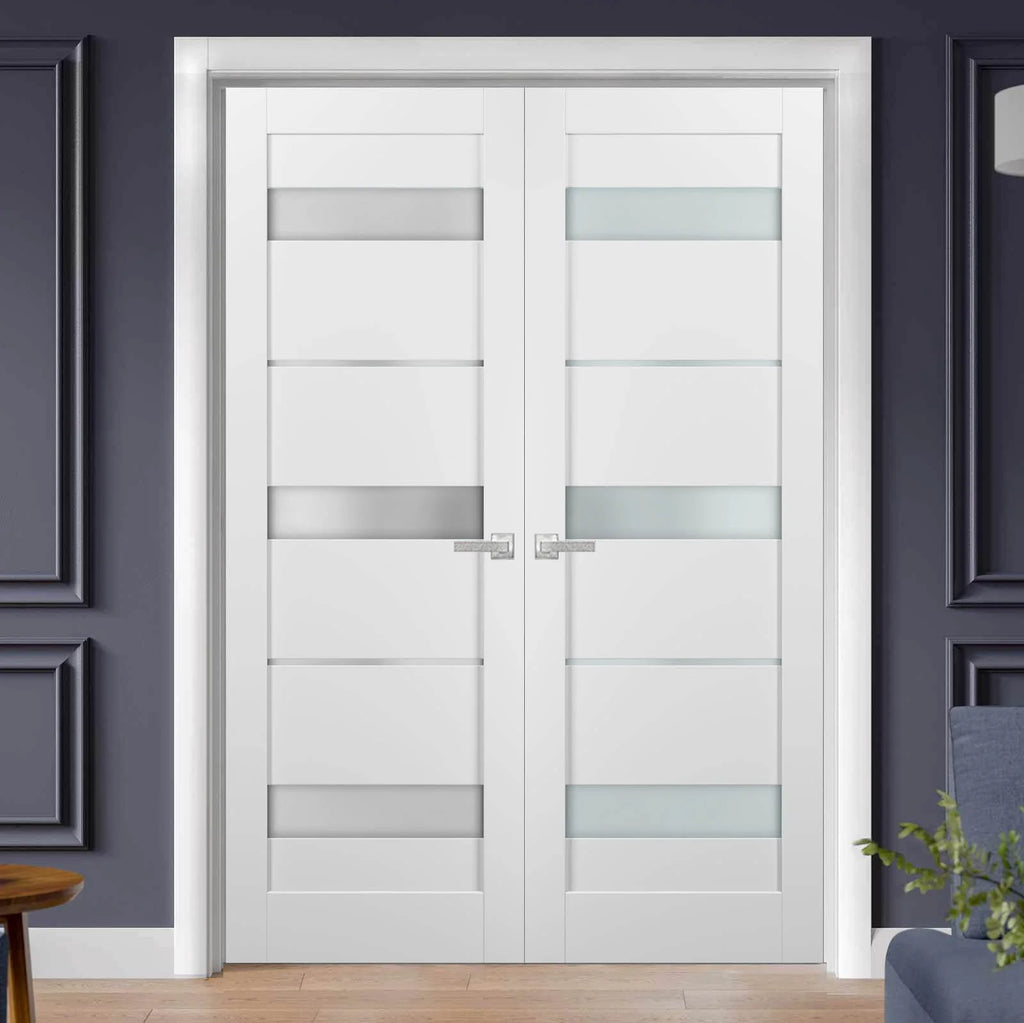French Double Panel Lite Doors 36 x 80 with Hardware White Silk Frosted Opaque Glass Interior Door M928