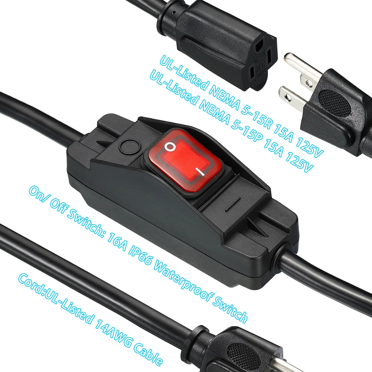 6.6Ft Outdoor Extension Cord with Waterproof Switch 1875W 14AWG 3 Prong G77977