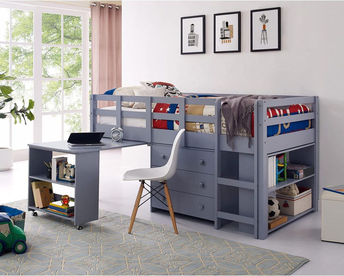 Twin Espresso Low Loft Bunk Bed with Ladder and Storage Desk Shelf Bookcase S2873