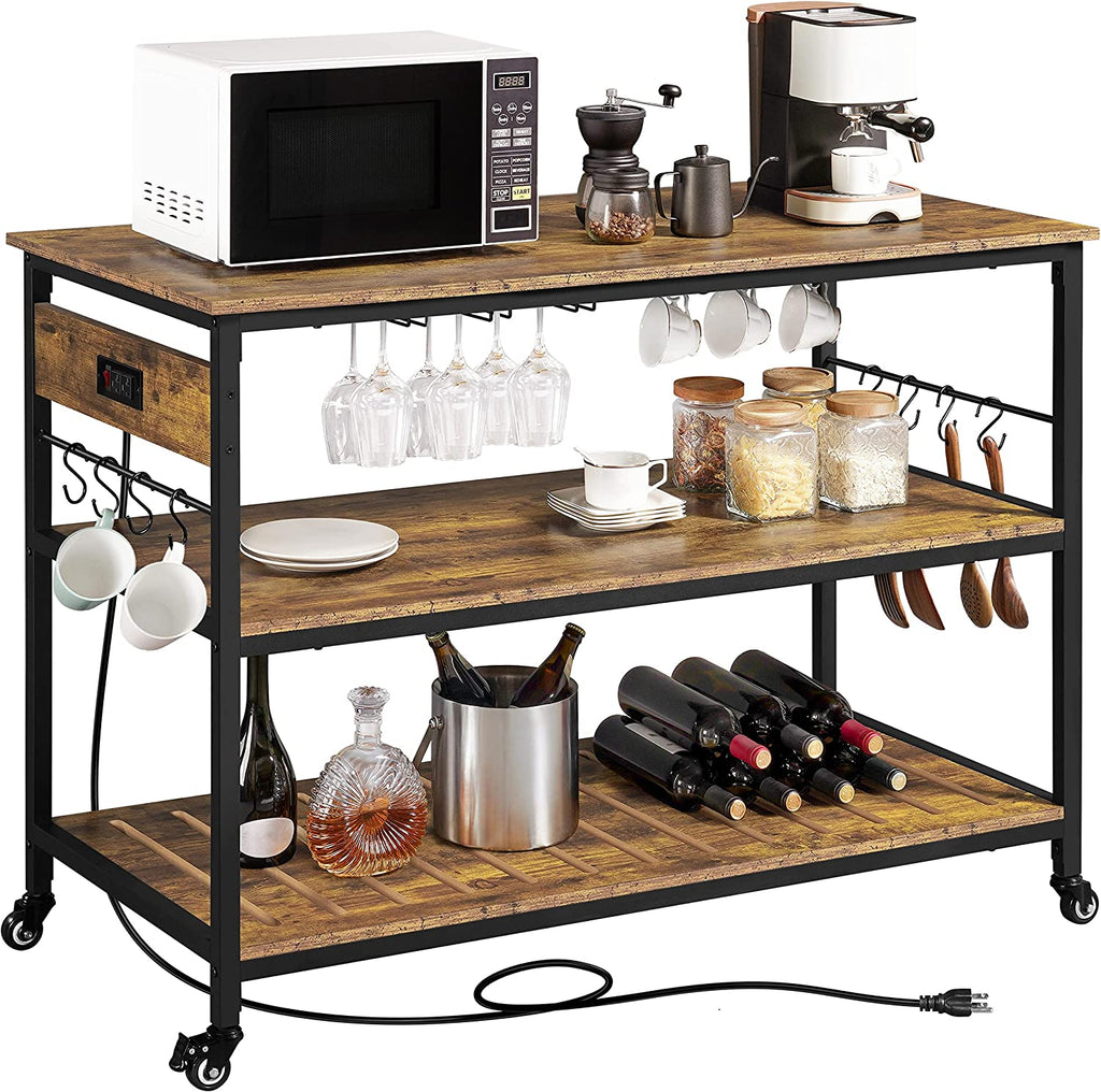 Rustic Brown Rolling Kitchen Cart with Power Outlet V959