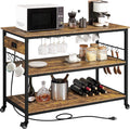 Rustic Brown Rolling Kitchen Cart with Power Outlet V959