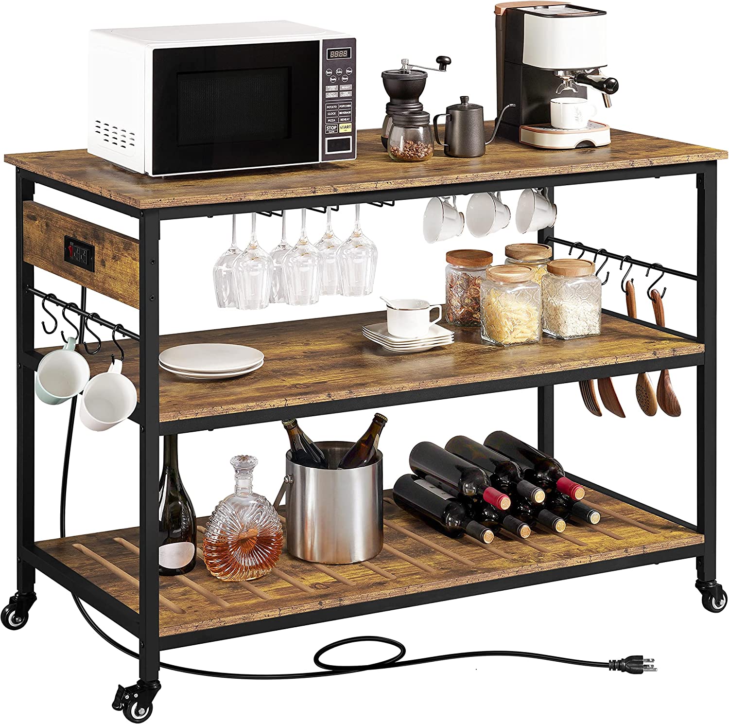 Rustic Brown Rolling Kitchen Cart with Power Outlet V959