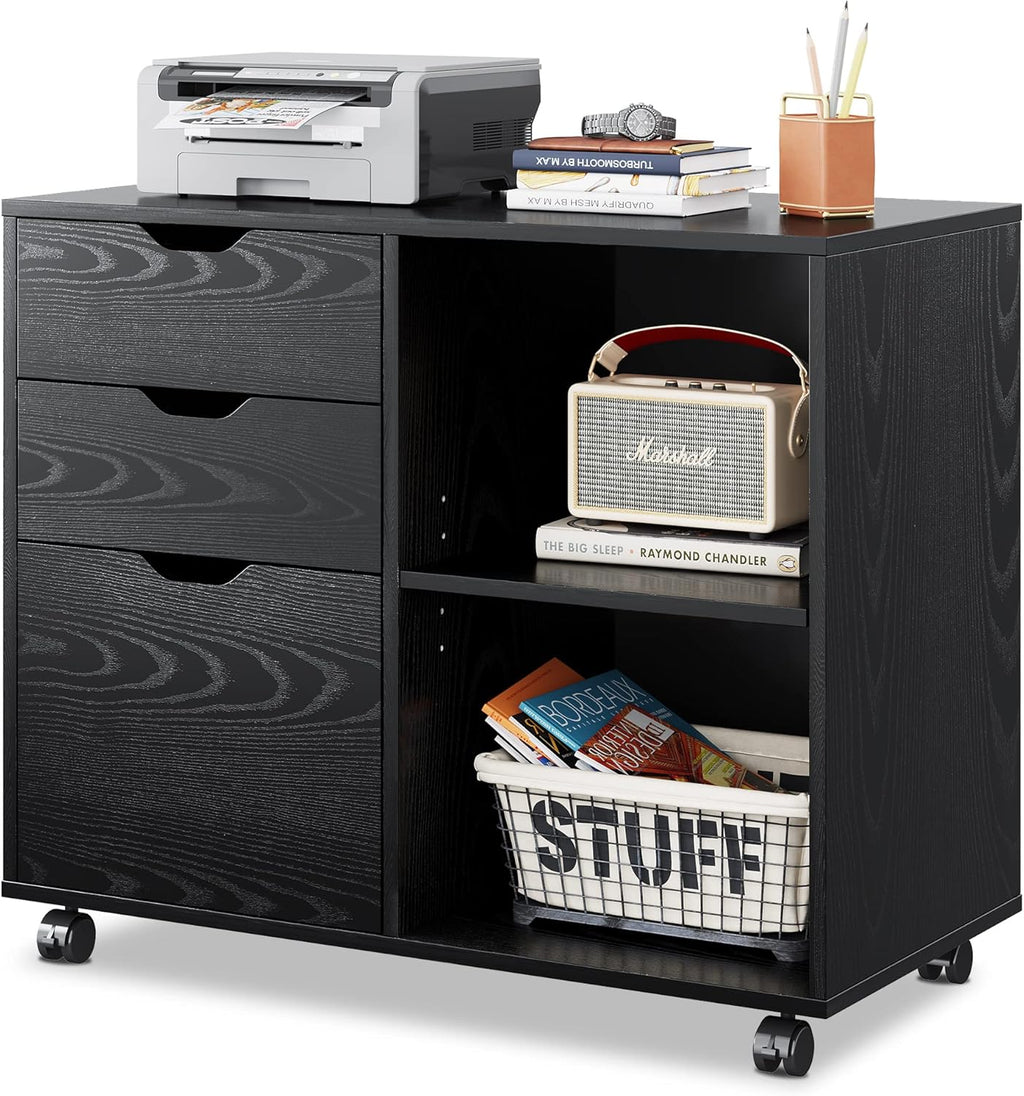 White 3-Drawer Mobile Wood File Cabinet with Open Storage Shelves G861192